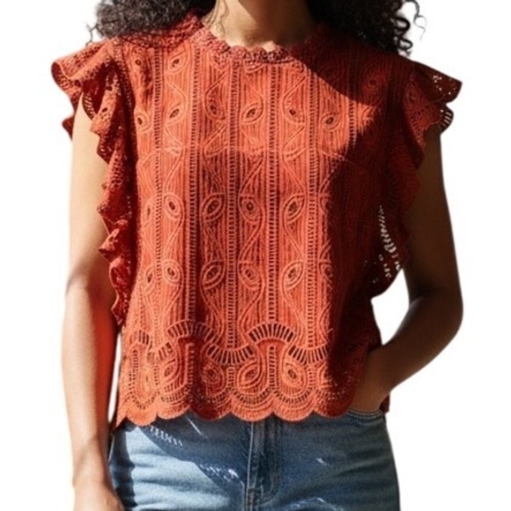 TULAROSA Dark Red Clayton Eyelet Lace Ruffle Cap Sleeve Blouse Top Medium